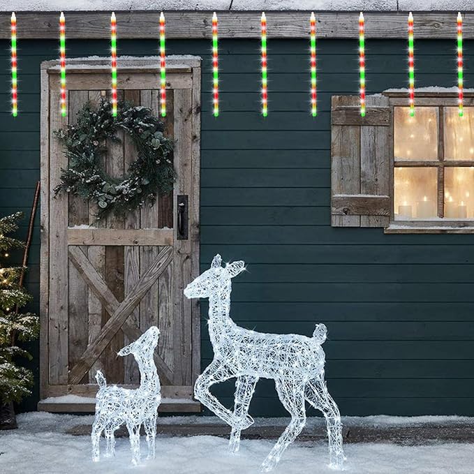 24 Tubes Meteor Shower Lights, Outdoor Icicles Christmas Decor, 12 Inch 864 LED Snow Falling Iciclelights, Connectable Raindrop, Xmas Wedding Party Tree Holiday, Red & Green