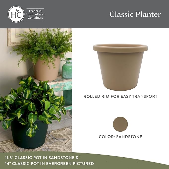 The HC Companies Classic Round Plastic Plant Pot w/Rolled Rim - Lightweight & UV Resistant Flower Pot for Herbs & More - Outdoor & Indoor Plant Pots w/Drainage (8.5 inch Sandstone, Pack of 4)