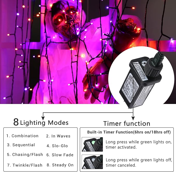 Toodour Halloween Orange & Purple Lights, 131ft 350 LED Plug in String Lights with 8 Modes and Timer, Connectable, Waterproof Halloween Outdoor Lights for Home, Party, Garden,Holiday Decorations