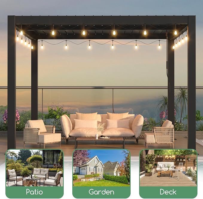 LVUYOYO Outdoor Louvered Pergola 10' x 10' with LED String Lights, Aluminum Pergola with Adjustable Roof, Waterproof Metal Gazebo for Patio, Backyard, Garden, Deck (10x10FT with Lights)