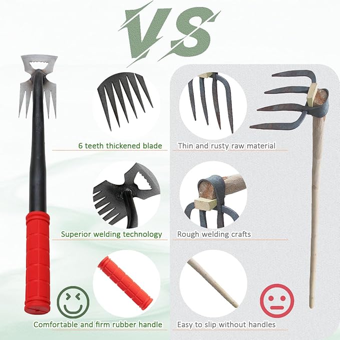 Weed Puller, Manual Weed Remover Tool with Rubber Handle, 6-Tine Forged Manganese Steel Weed Puller Tool Weeder for Yard Farm Garden