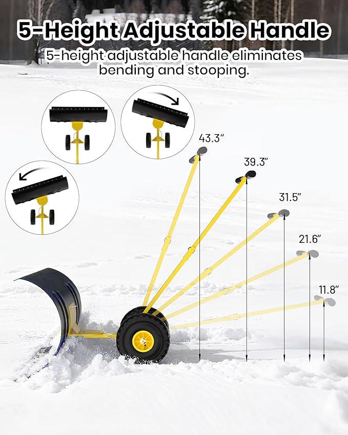 36" Snow Pusher Shovel with Wheels, Adjustable Ergonomic T-Handle Snow Plow for Driveway, Heavy Duty Wheeled Rolling Shovels for Driveway and Sidewalks with Angeled Blade