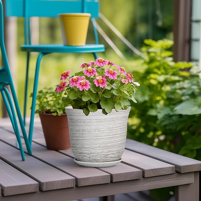 Ceramic Pots for Plants - 5.6 Inch Plant Pot with Drainage Hole and Tray, Round Succulents Pots for Indoor Outdoor, Decorative Planters, Home Room Office Decor, Gifts for Plant Lovers, Grey