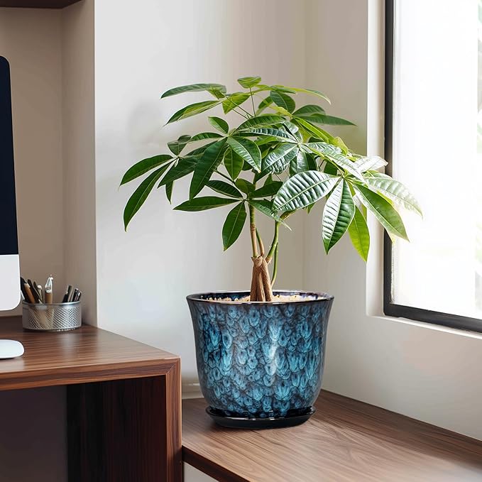 8 Inch Plant Pot - Ceramic Planter for Indoor Outdoor, Round Planter with Drainage Hole and Saucer, Modern Planters, Flower Pots, Apartment Porch Room Home Decor, Gardening Gifts, Blue