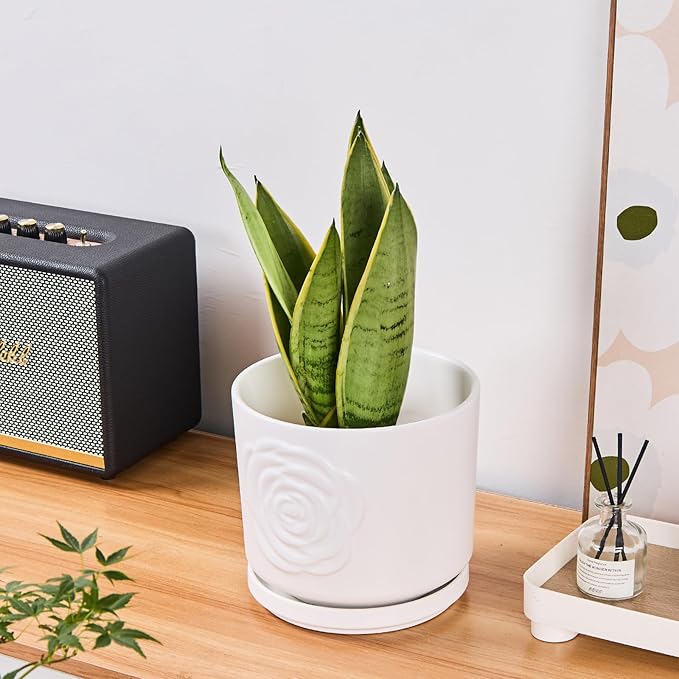 Ekirlin 7 inch Flower Plant Pot Indoor - Ceramic Garden Planters, Modern Rose Pattern Plant Pots with Drain Hole Saucer, Weatherproof Decorative Pot for Home, Office & Outdoor (White)