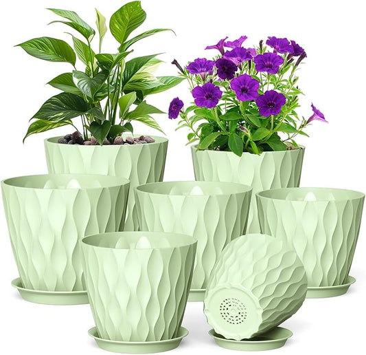 7/6.5/6/5.5/5/4.5/4 inch Plant Pots for Indoor Outdoor Plants, 7 Pack Thick Flower Pots with Drainage Holes and Saucers, Modern Wave Texture Plastic Planter Pots for Nursery, Succulent, Green