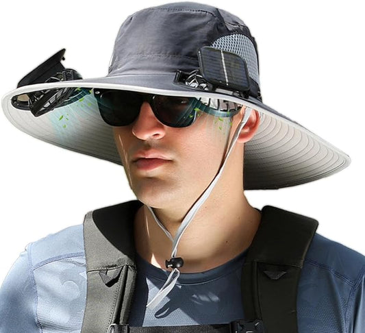 Solar Fan Hat, Wide Brim Sun Cap with 2 Solar Sun Protection Fans, USB and Solar Powered Fan Hat