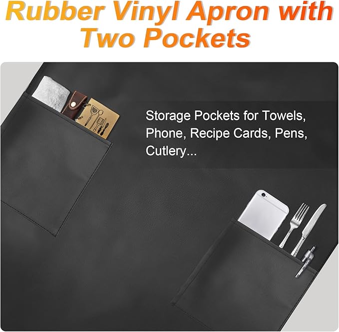 Gotega 2 Pack Aprons for Men Women with Large Pockets, Waterproof Rubber Vinyl Apron 40 Inch Heavy Duty Chef Apron Black Adjustable Work Apron for Dishwashing Kitchen Cooking Drawing