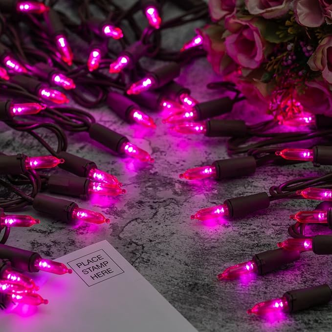 YULETIME 200 Pink LED Christmas Lights, 66 Feet Brown Wire UL Certified Commercial Grade Holiday String Light Set