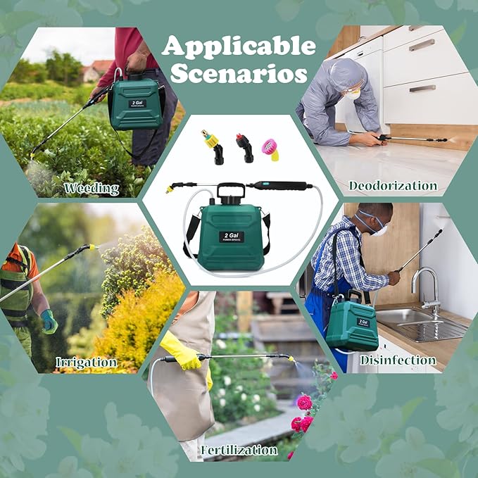 Battery Powered Sprayer 2 Gallon, Powerful Electric Garden Sprayer with 3 Mist Nozzles, USB Rechargeable Handle, Retractable Wand and Adjustable Shoulder Strap for Irrigation, Weeding (Green)