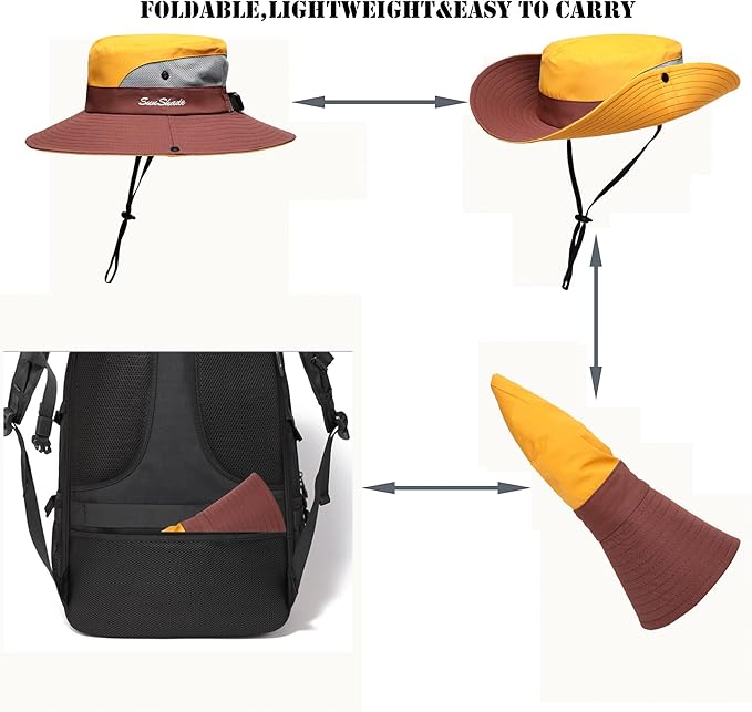 Womens Summer Sun Hat Beach Hat Wide Brim Outdoor UV Protection Hat Foldable Cool Mesh Ponytail Bucket Hat