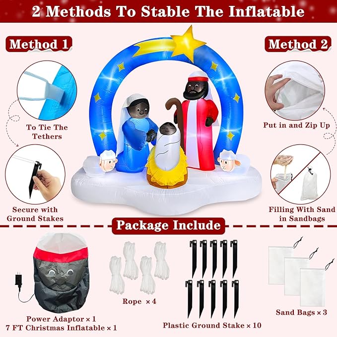 7 FT Christmas Inflatables African American Nativity Scene Outdoor Decorations, Bright LED Lights The Birth of Jesus Scene with Star Blow up Black Jesus Manger Set for Yard Garden Xmas Holiday Decor