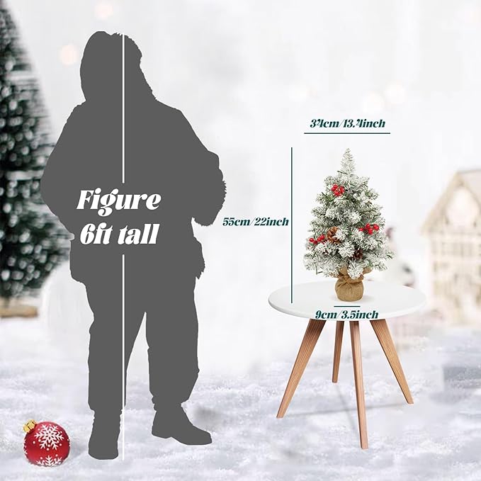 Uten Christmas Tree Flocking Snow Small Pine Cones/red Fruits, 40 LED Waterproof Battery Box with Cement Base Mini Christmas Tree Decorations for Home, Office, Party