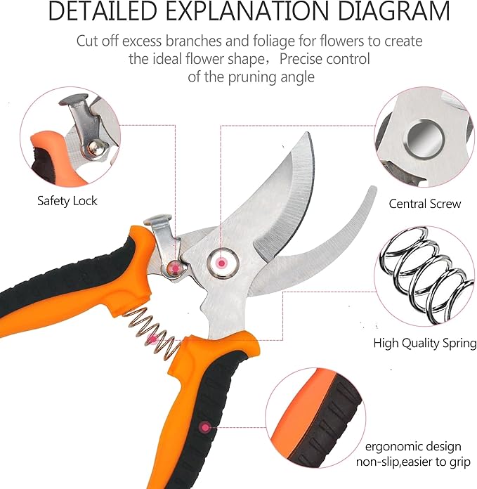 Pruning Shears Gardening Scissors Tools: 3pcs Outdoors&Indoor Garden Clippers, Rose Snips, Plant Clippers, Wood Pruner, Gardener Work Accessories for Flower Arrangement, Yard Landscaping (Orange)