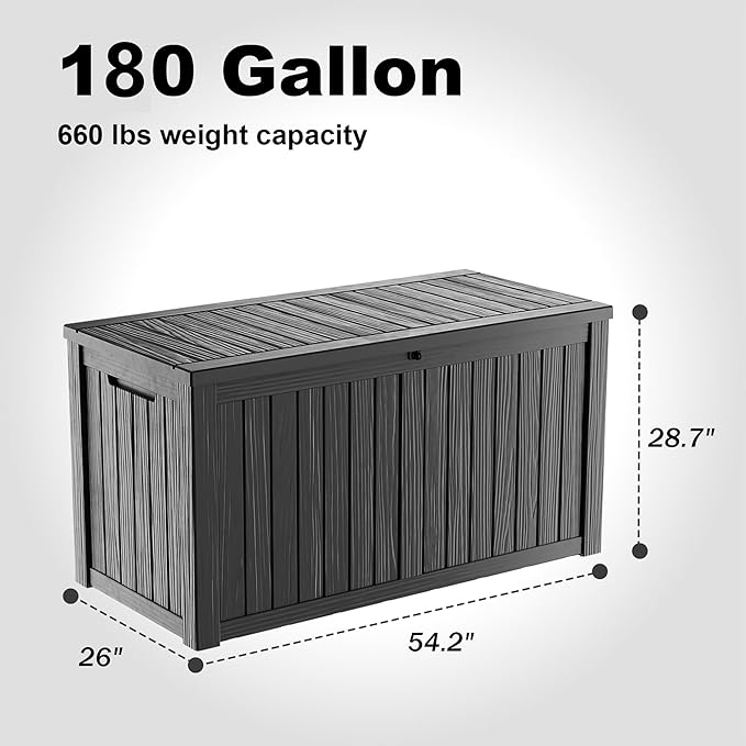DRATO 180 Gallon Outdoor Storage Box, Large Waterproof Deck Box, Lockable Resin Storage Container with Reinforced Support for Patio Cushions, Garden Tools, UV-Resistant Outdoor Chest（Black）
