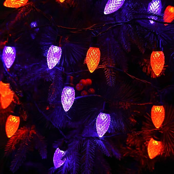KAQ 2PK 100LED Orange and Purple C9 Halloween Lights Waterproof Indoor Outdoor, Extendable 98FT String Lights Plug in with 13 Lighting Modes, Halloween Decorations for Party Patio, Outside Yard Decor