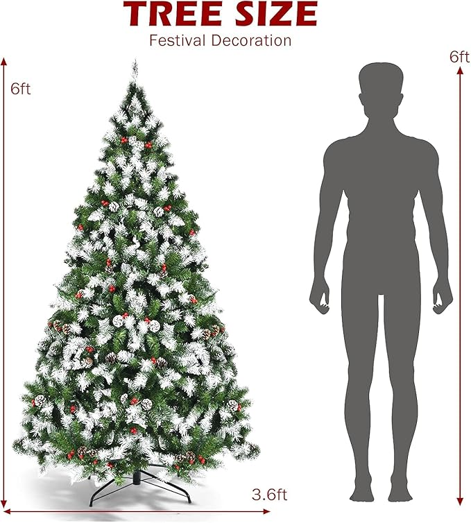 SIMOE 6ft Pre-lit Artificial Christmas Tree, Snow Flocked Xmas Tree for Home, Office, Party Decoration with 818 Branch Tips, Pine Cones & Red Berries, Easy Assembly, Metal Base