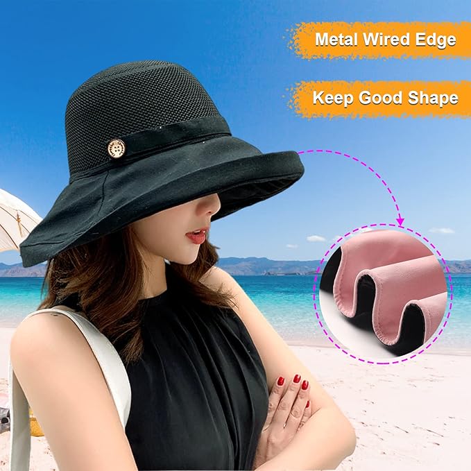 Women Wide Brim Sun Hats Metal Wired Edge Summer UV Protection Beach Fishing Hat for Hiking Garden Travel Chin Strap