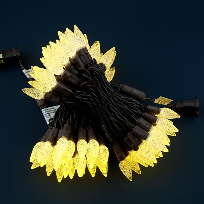 YULETIME Warm White C6 Strawberry LED Christmas Lights, 33 ft 100 Count 4" Spacing One-Piece High Waterproof UL Certified String Light (Warm White - Brown Wire)