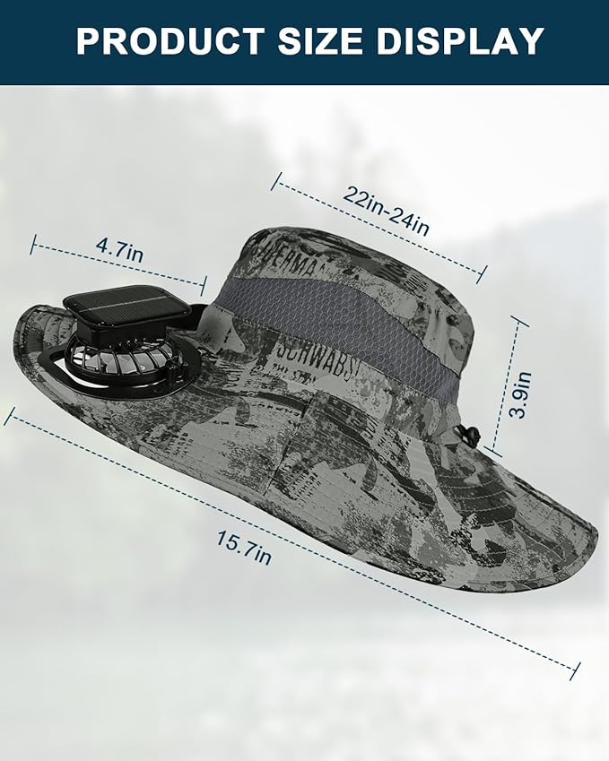 Wide Brim Sun Hat with 2 Solar Fan, Sun Bucket Hat for Men Women, UPF 50+ Bucket Fishing & Beach Hat with Fan