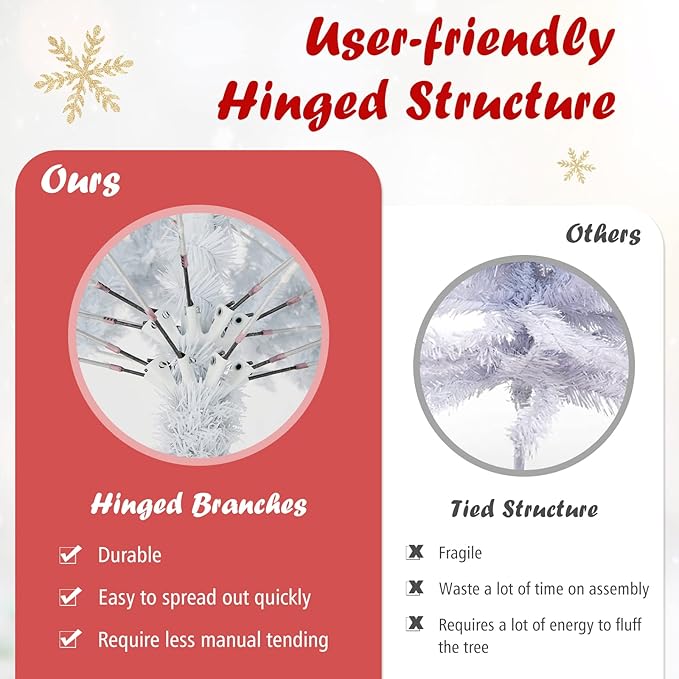 Goplus White Artificial Christmas Tree, 9ft Premium Unlit Hinged Spruce Full Tree, with Metal Stand, Easy Assembly, for Indoor and Outdoor Use