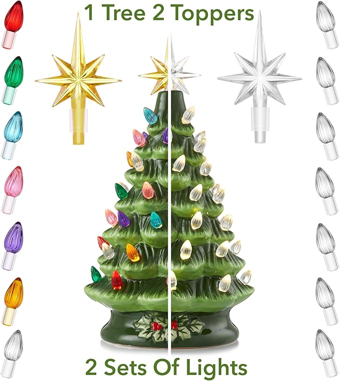 Casafield Hand Painted Ceramic Christmas Tree, Green 12-Inch Pre-Lit Tree with 100 Multi Color Lights and 2 Star Toppers