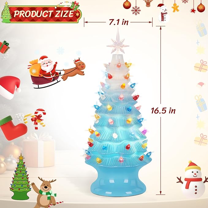 Lakumu 16.5" Table Top Christmas Tree, Hand Painted Resin Christmas Tree with Lights, Pre-lit Xmas Tree Decor Lighted Tabletop Decoration with Multicolored LED Bulbs, Ceramic-Like Finish, Blue