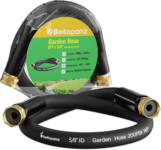 Short Garden Hose 3 ft x 5/8" Female to Female, Heavy Duty Small Water Hose Extend Connector, Leak-Free Connections Hybrid Rubber Leader Hose with 3/4" Double GHT Fittings, Black