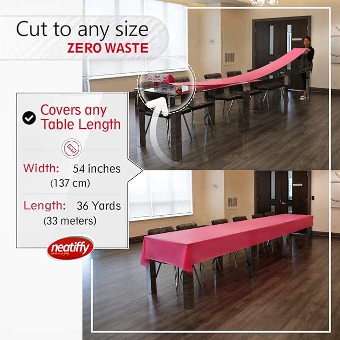 Neatiffy Disposable Plastic Table Cloth Roll | 54 in x 108 Ft Waterproof Tablecloth | Table Cover for Rectangle, Square, Round Oval Tables | Picnic, Party, Banquet, Birthdays, Weddings - Pink