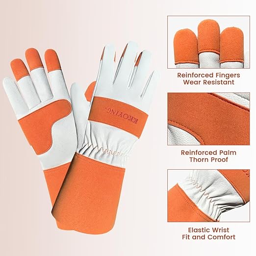 Gardening Gloves, Long Thorn Proof Garden Gloves for Women and Men, Goatskin Breathable Leather Work Gloves for Gardening, Pruning, Yard Work, Brown, M