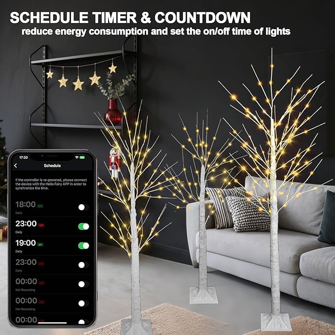 3PACK Lighted Birch Tree 4FT 5FT and 6FT, Smart White Christmas Tree with Lights with APP Home Decor, Warm White, Timing, Dimmer, Group Control, Music Sync, Holiday Decor Indoor/Outdoor Use