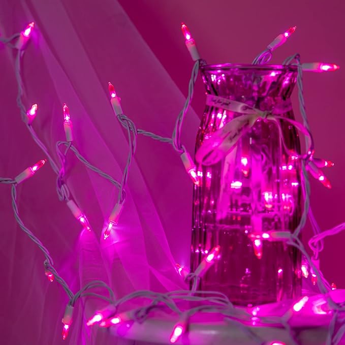 YULETIME 200 Pink LED Christmas Lights, 66 Feet White Wire UL Certified Commercial Grade Holiday String Light Set