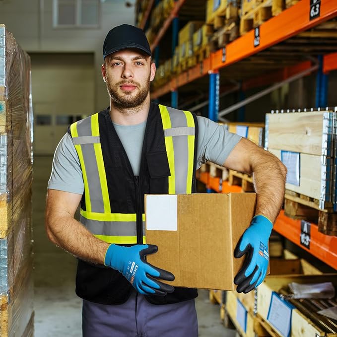 KAYGO Safety Work Gloves PU Coated for Men and Women- KG11P,60 Pairs,Seamless Knit Glove with Two Fingers Touchscreen,Ideal for General Duty Work (Blue,L)