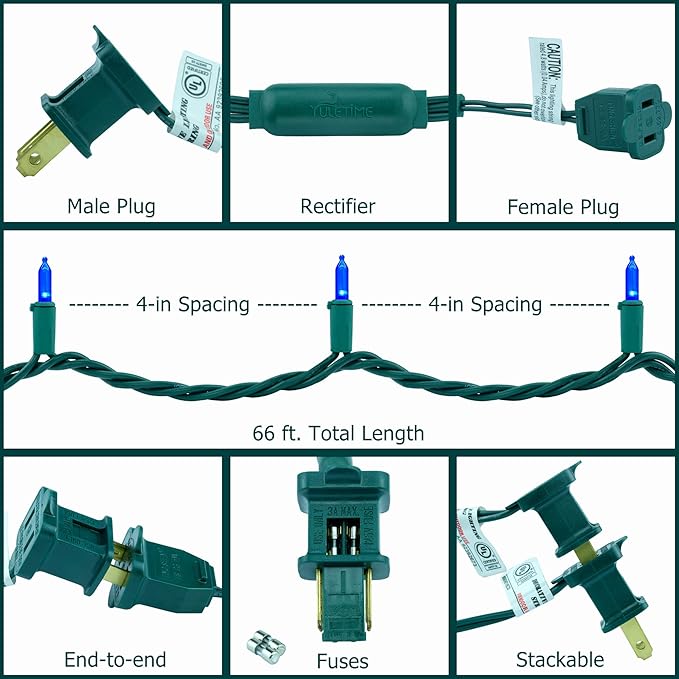 YULETIME 200 Count Blue LED Christmas Lights, 66 Feet Green Wire UL Certified Commercial Grade Holiday String Light Set (Blue)