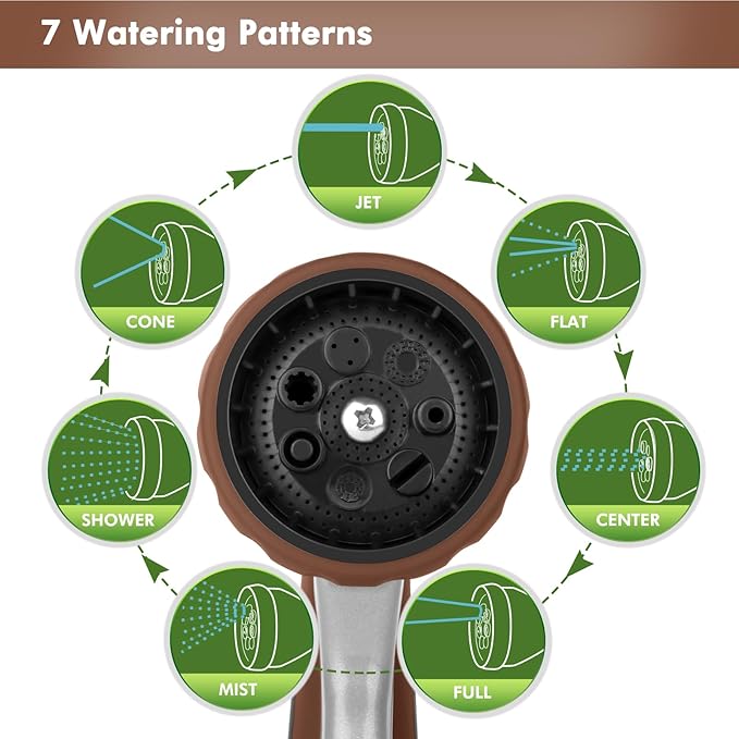 RESTMO Metal Watering Wand, Heavy Duty Garden Hose Wand with 180° Swivel Ratcheting Head, 16'' Hose Nozzle Sprayer with 7 Spray Patterns and Flow Control, for Water Hanging Baskets and Shrubs, Brown