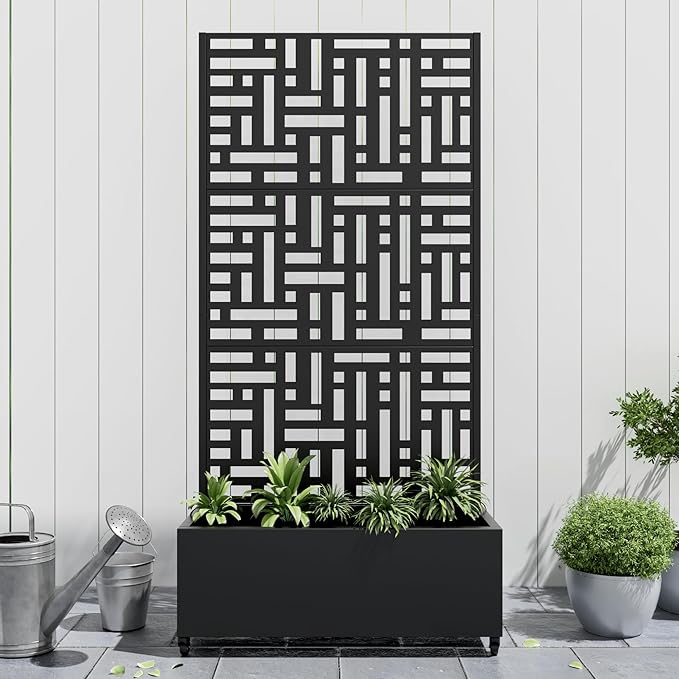 Casaphoria Metal Raised Garden Bed with Trellis and Wheels, 72"x35"x16" Planter Box for Climbing Plants, Vegetables & Vines, Features Drainage Holes and Privacy Screen (Black-Helen)