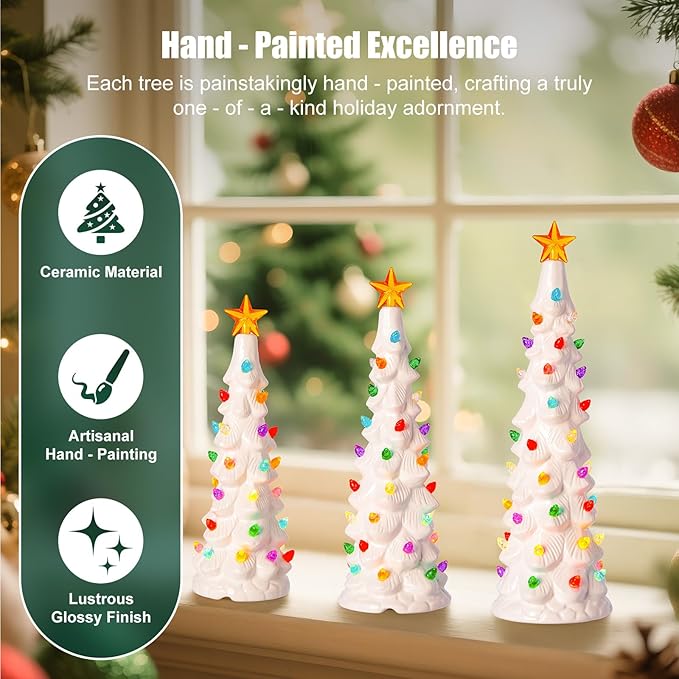 Brightown Lighted Ceramic Christmas Tree Set of 3, Pre-Lit Hand-Painted Tabletop Christmas Tree with Multicolored LED Lights, Battery Operated Vintage Ceramic Tree for Home Table Holiday Decor, White