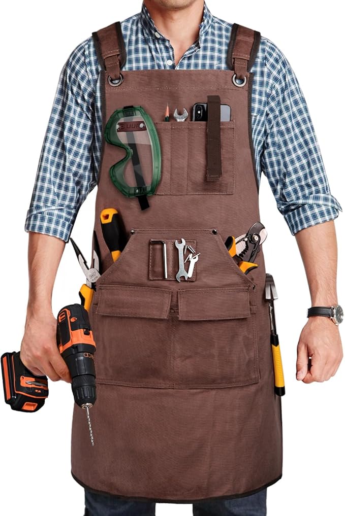 Woodworking Apron for Men, Shop Apron 20 oz Canvas Work Apron with 9 Tool Pockets, Heavy Duty Wood Working Workshop Bib Apron for Carpenter Woodworker Blacksmith, Men Gift, Adjustable to S- 3XL, Brown