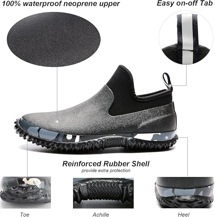Unisex Waterproof Garden Shoes Ankle Rain Boots Mud Muck Rubber Slip-On Footwear with Comfort Insole for Women Men