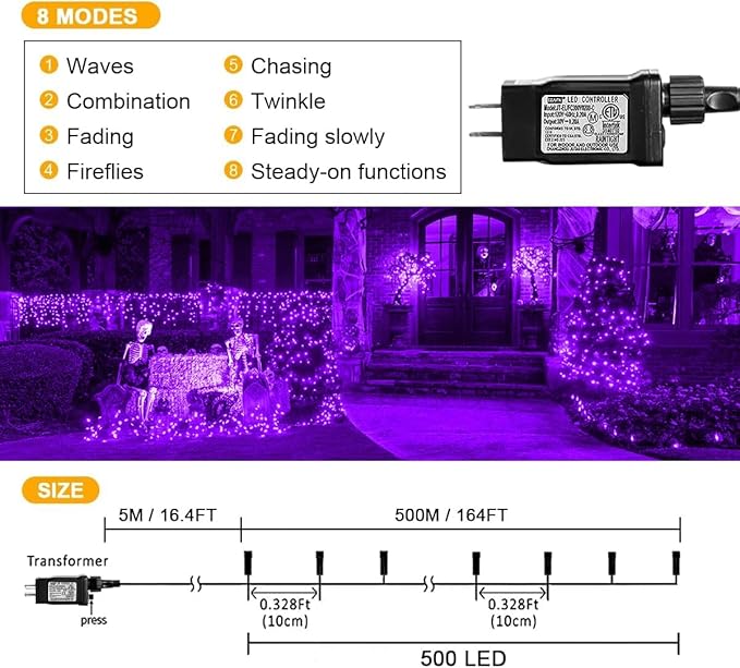 weillsnow 164FT 500 LED Purple Christmas Lights, 8 Modes Waterproof Plug in String Lights for Halloween Christmas Indoor Outdoor Yard Party Wedding Garden Home Decorations (Purple, 164FT)