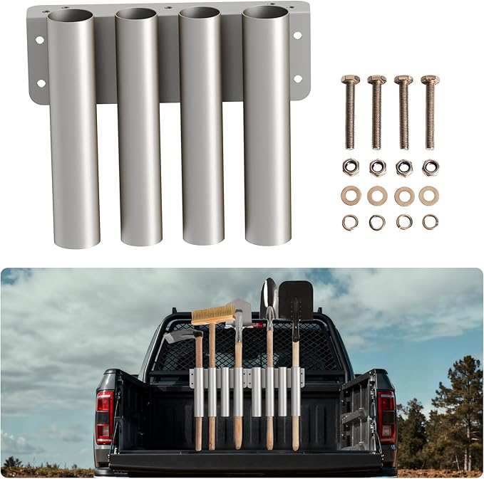 Wyckoff Heavy Duty 4-Hole Shovel Holder for Truck Bed & Trailer, Commercial Grade Steel Rack for Rake & Shovel, Secure Tool Box Mount Prevents Highway Loss for Landscaper, Gardener & Contractor