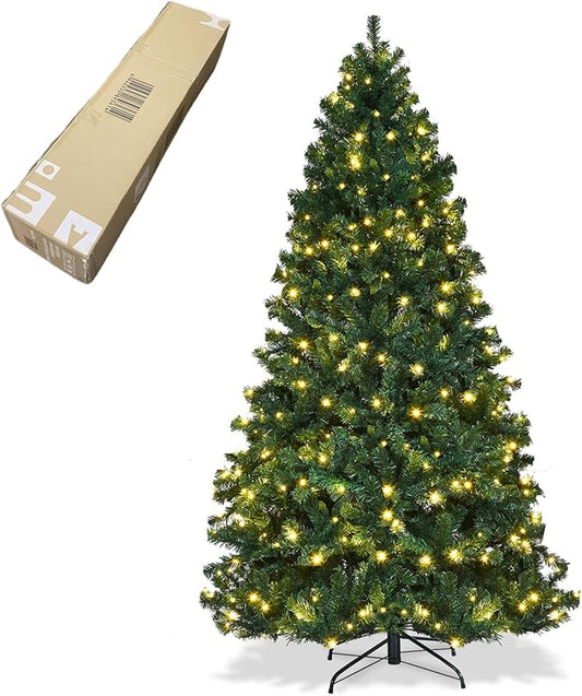 ERGOMASTER 7FT Pre-lit Artificial Christmas Tree with Lights, Fake Green Xmas Tree with 1096 Hinged Branch Tips, 300 LED Warm White Incandescent Lights & Foldable Metal Stand for Holiday