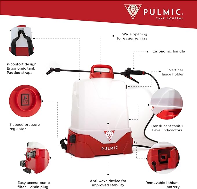 PULMIC Electric Sprayer Pegasus 35. 9.25-Gallon Cart Sprayer. 3 Application Speeds Up to 60 PSI Pressure. 18V Removable Lithium Battery. Up to 7 Hours of Autonomy. 20 ft Hose and Accessories Included