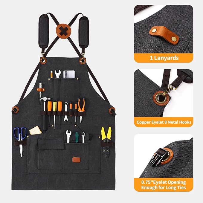 Aprons for Men, Heavy Duty Canvas Tool Apron, With multi Tool Pockets, Adjustable S to XXXL Cross Back Apron, Workshop & Woodworking Apron, Utility Work Aprons for Men