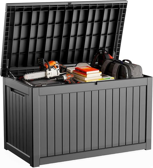 DRATO 230 Gallon Deck Box, Outdoor Large Waterproof Resin Storage Box with Lockable Lid for Patio Cushions, Gardening Tools, Black