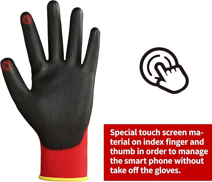 Safety Work Gloves PU Coated for Men and Women-12 Pairs,Red Seamless Knit Glove with Two Fingers Touchscreen,Ideal for General Duty Work (Extra Large)
