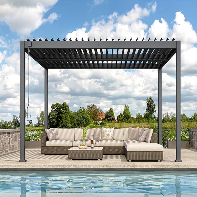 Louvered Pergola, 10 x 10 Aluminum Pergola, Outdoor Modern Design with Adjustable Roof and Hidden Drainage System, Durable for Gardens,Garden Yard, Deck (Dark Gray, 10x10)