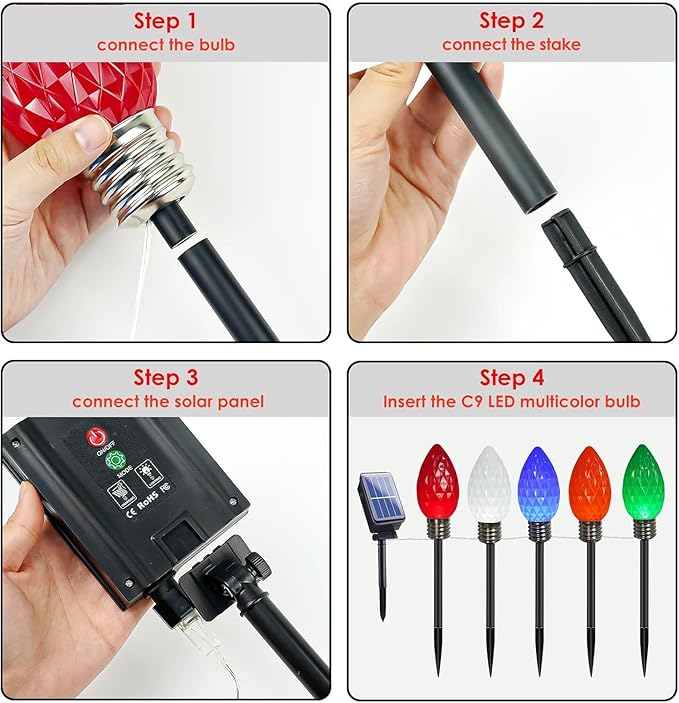 IDEAALS 10 Pack Jumbo Multicolor Solar C9 Christmas Lights Outdoor，LED Solar Pathway Lights Waterproof, Strawberry Light Christmas Decorations Outdoor for Walkway Party Patio Garden Lawn Yard Decor