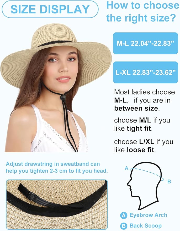 Senker Fashion Sun Hats for Women, Wind Lanyard Wide Brim Straw Hat for Summer Beach Garden Vacation Foldable UPF 50+
