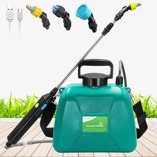 1.35 Gallon/5L Battery Powered Electric Sprayer with USB Rechargeable Handle, Portable Garden Sprayer with 23.6" Telescopic Wand, 3 Mist Nozzles and Adjustable Shoulder Strap